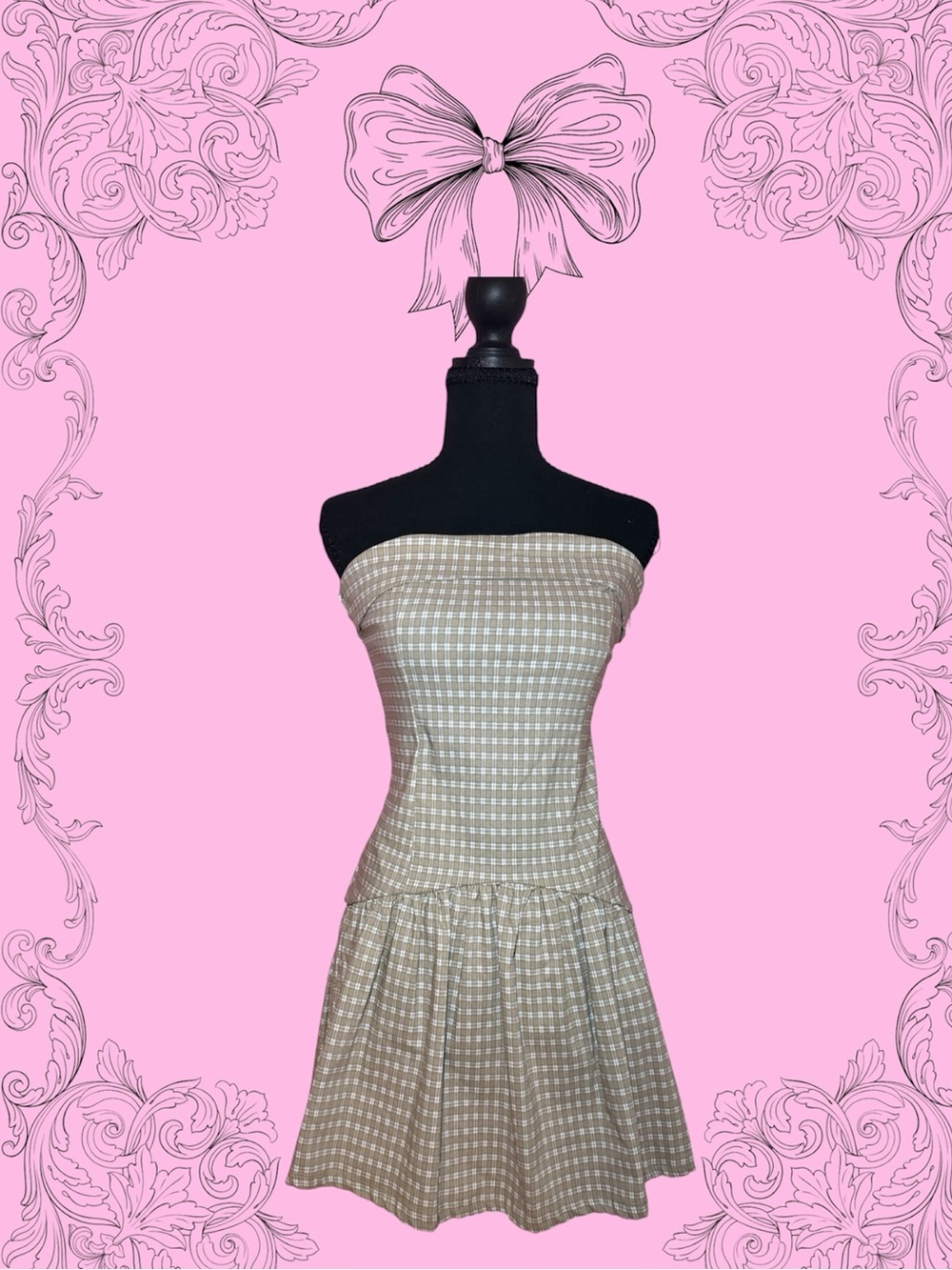 Strapless Beige Plaid Fit-and-Flare Dress